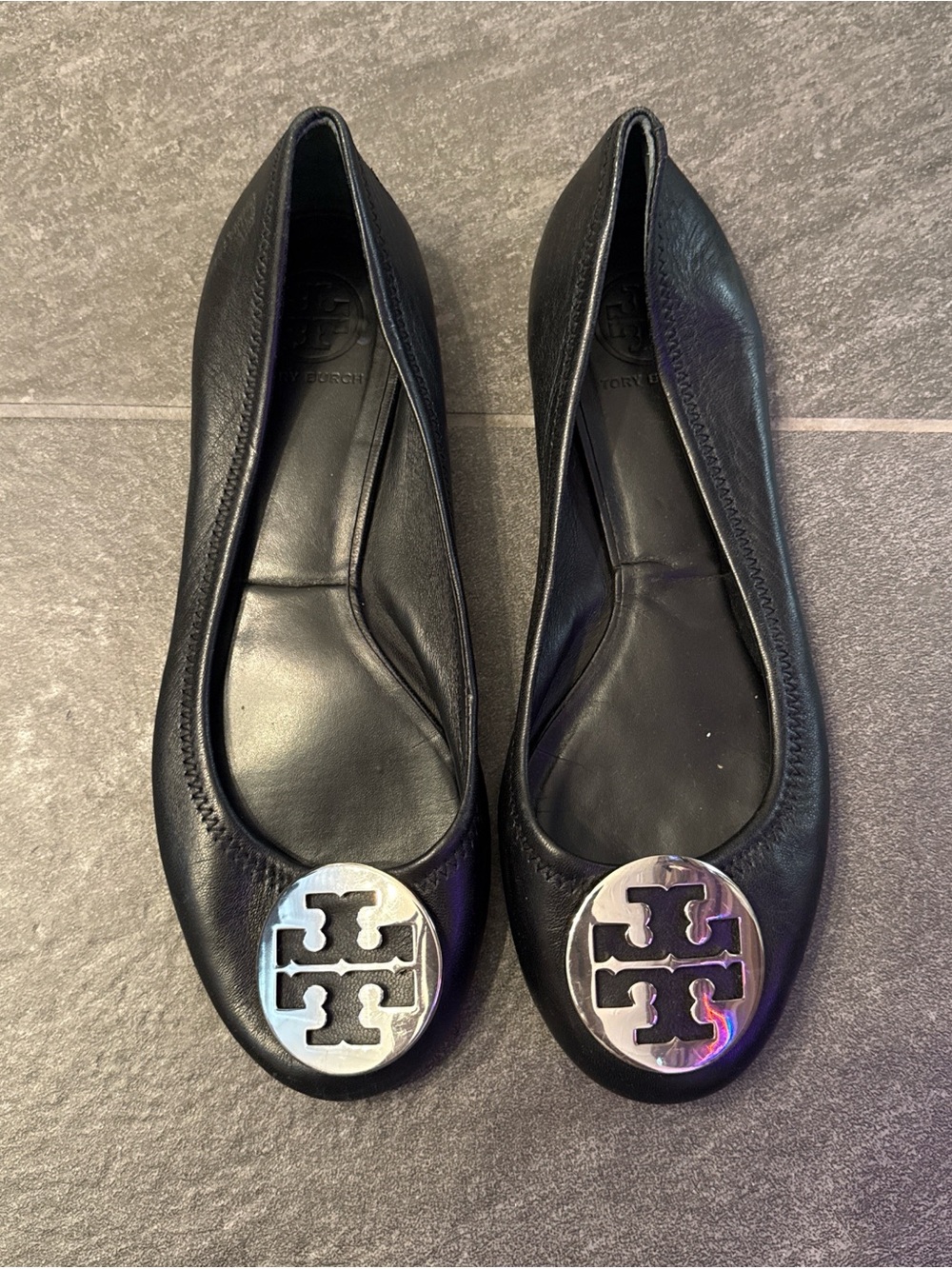 Tory Burch Black Leather Logo Medallion Flats